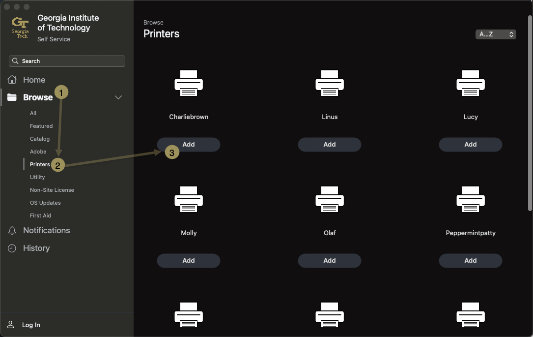 select "Browse", then "Printers", then the printer you would like to print to