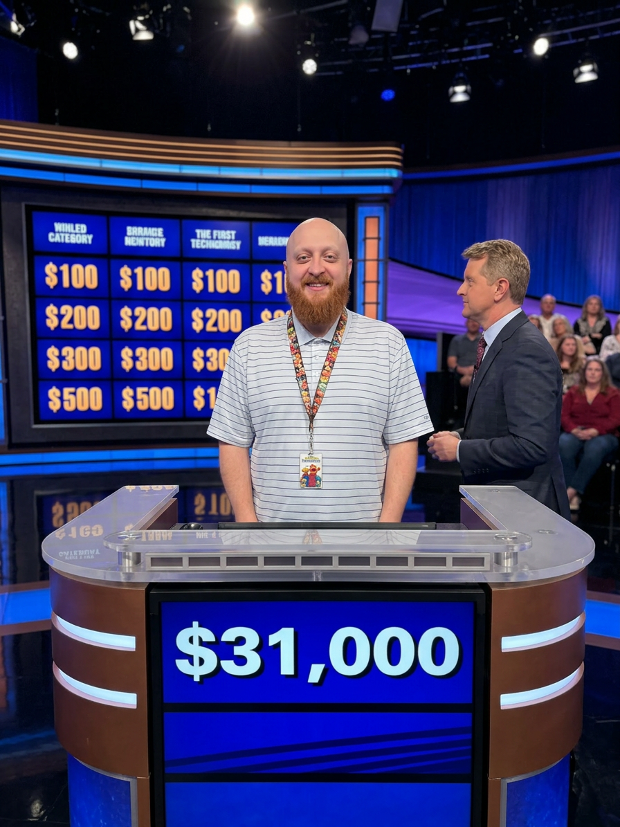 AI generated image of Andrew Leonard behind a Jeopardy podium