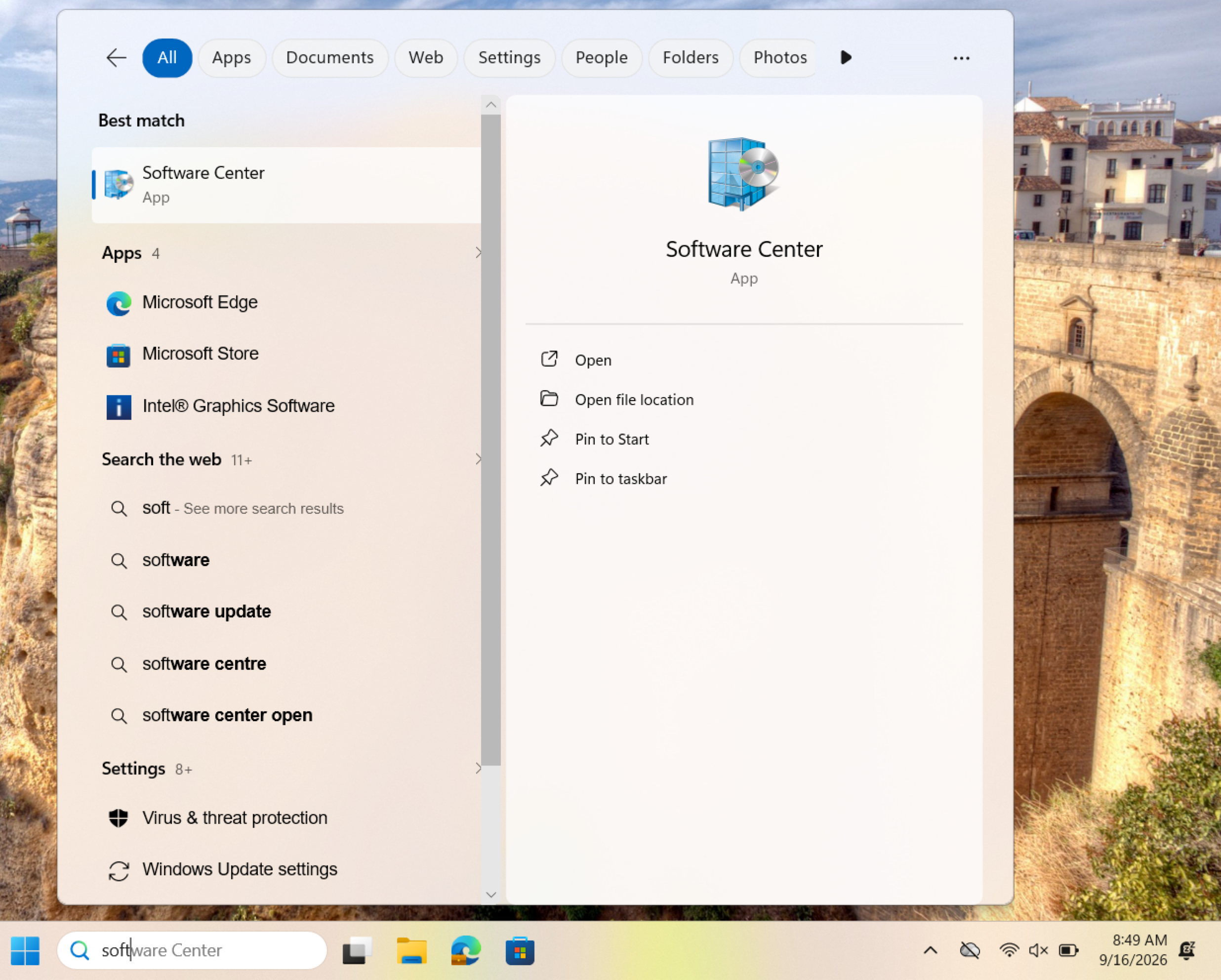 Windows search box open with "soft" entered and search results showing the Software Center app as the first hit.